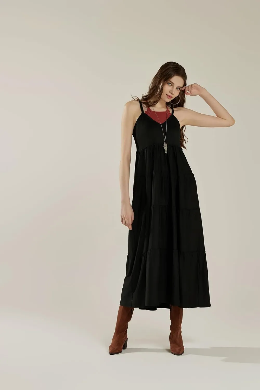 noflik Women's Comfortable and Flowy Knit V-Neckline Ruffle Tiers Knit Maxi Dress