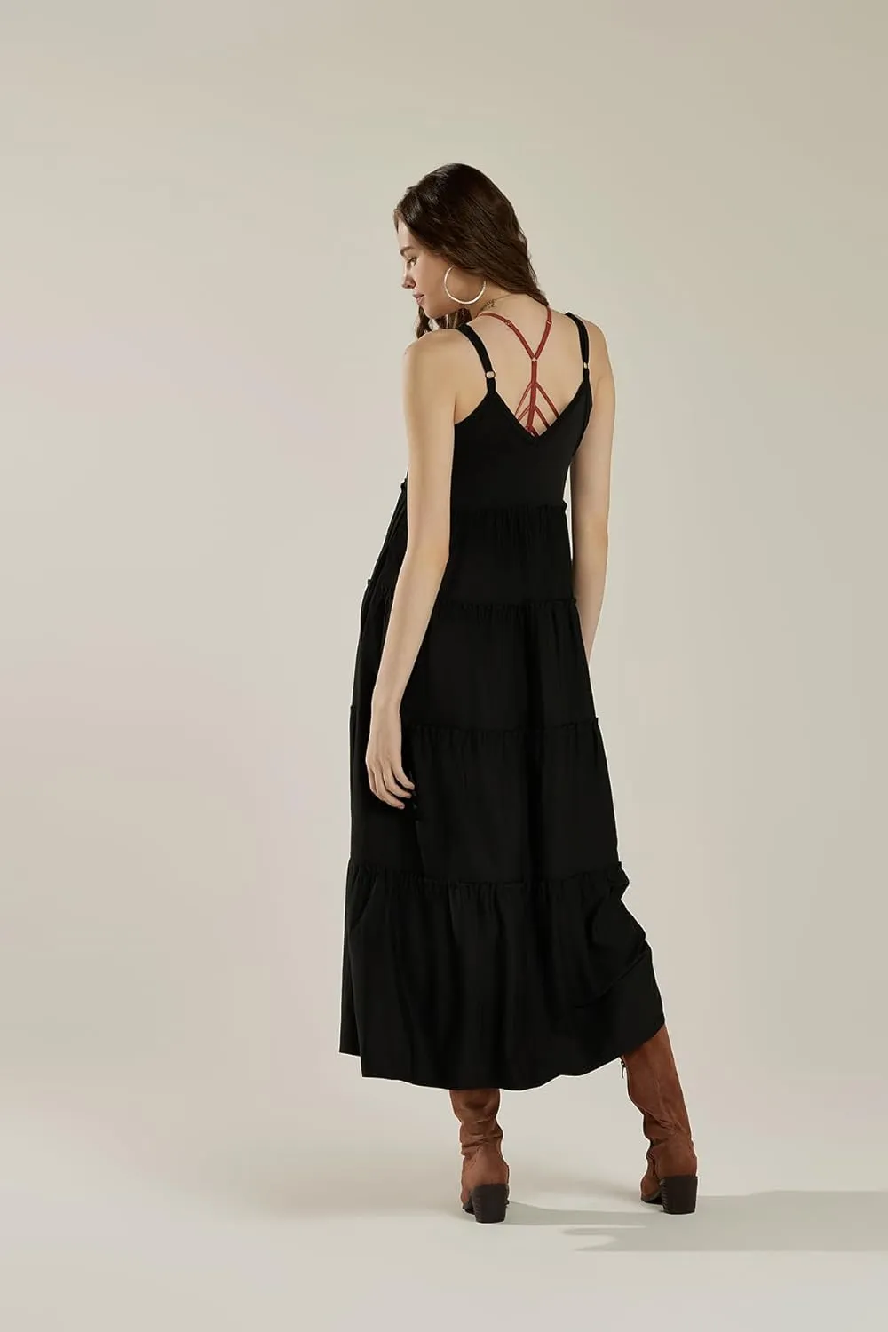 noflik Women's Comfortable and Flowy Knit V-Neckline Ruffle Tiers Knit Maxi Dress