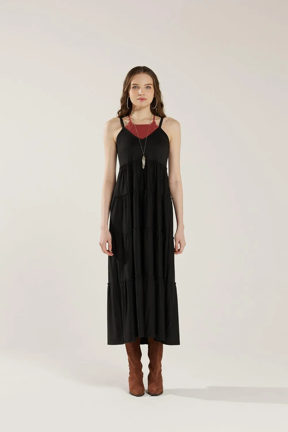 noflik Women's Comfortable and Flowy Knit V-Neckline Ruffle Tiers Knit Maxi Dress
