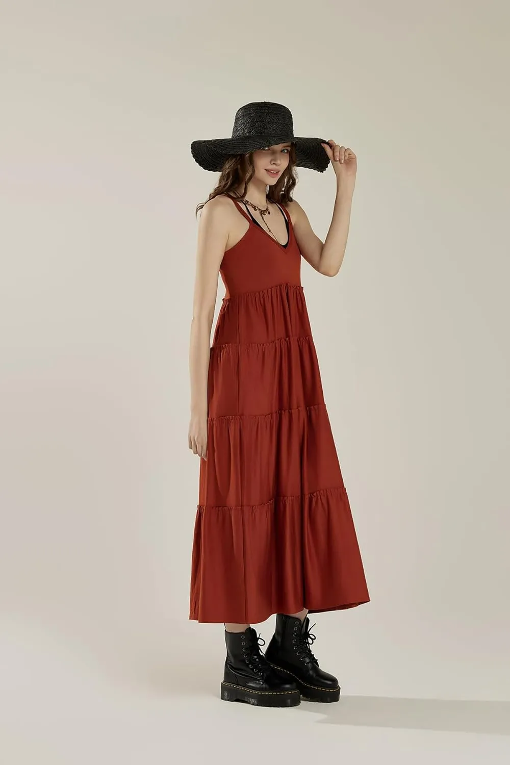 noflik Women's Comfortable and Flowy Knit V-Neckline Ruffle Tiers Knit Maxi Dress