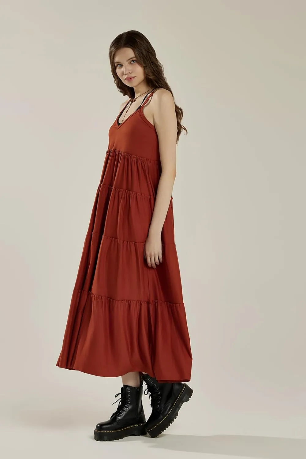 noflik Women's Comfortable and Flowy Knit V-Neckline Ruffle Tiers Knit Maxi Dress