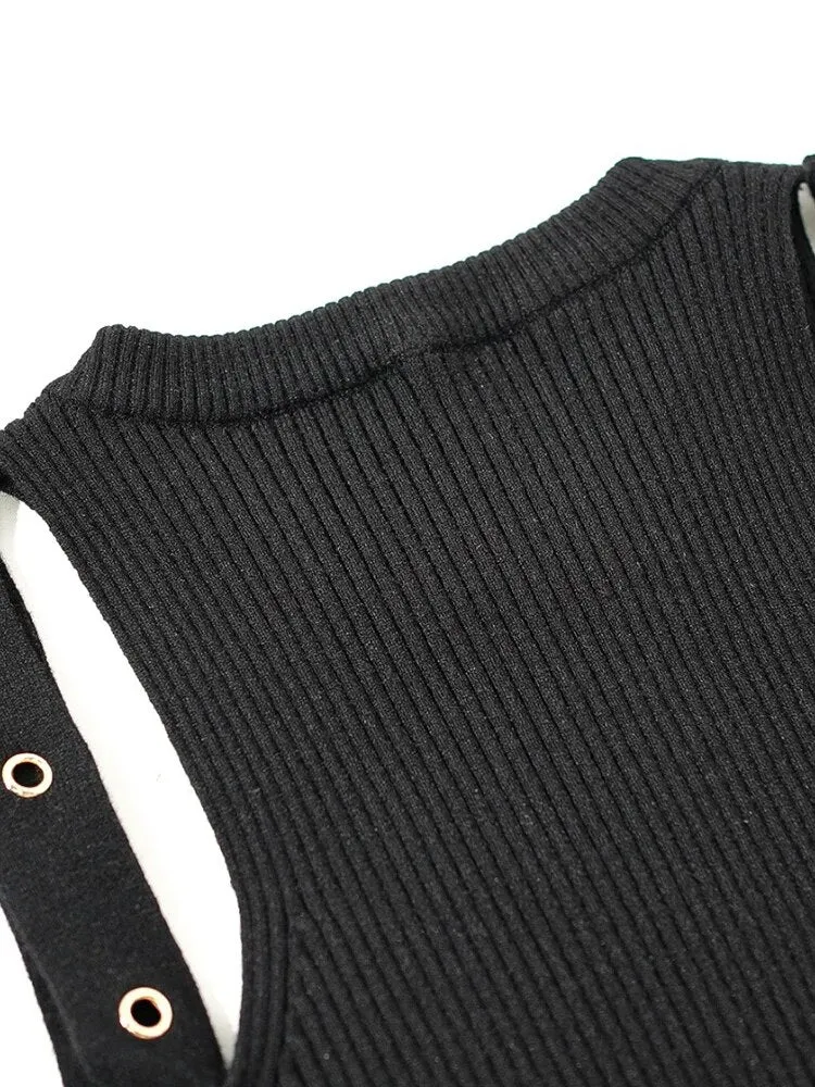 Patchwork Metal Buckle Tank Top For Women Round Neck Sleeveless Solid Slimming Off Shoulder Vest Female Fashion