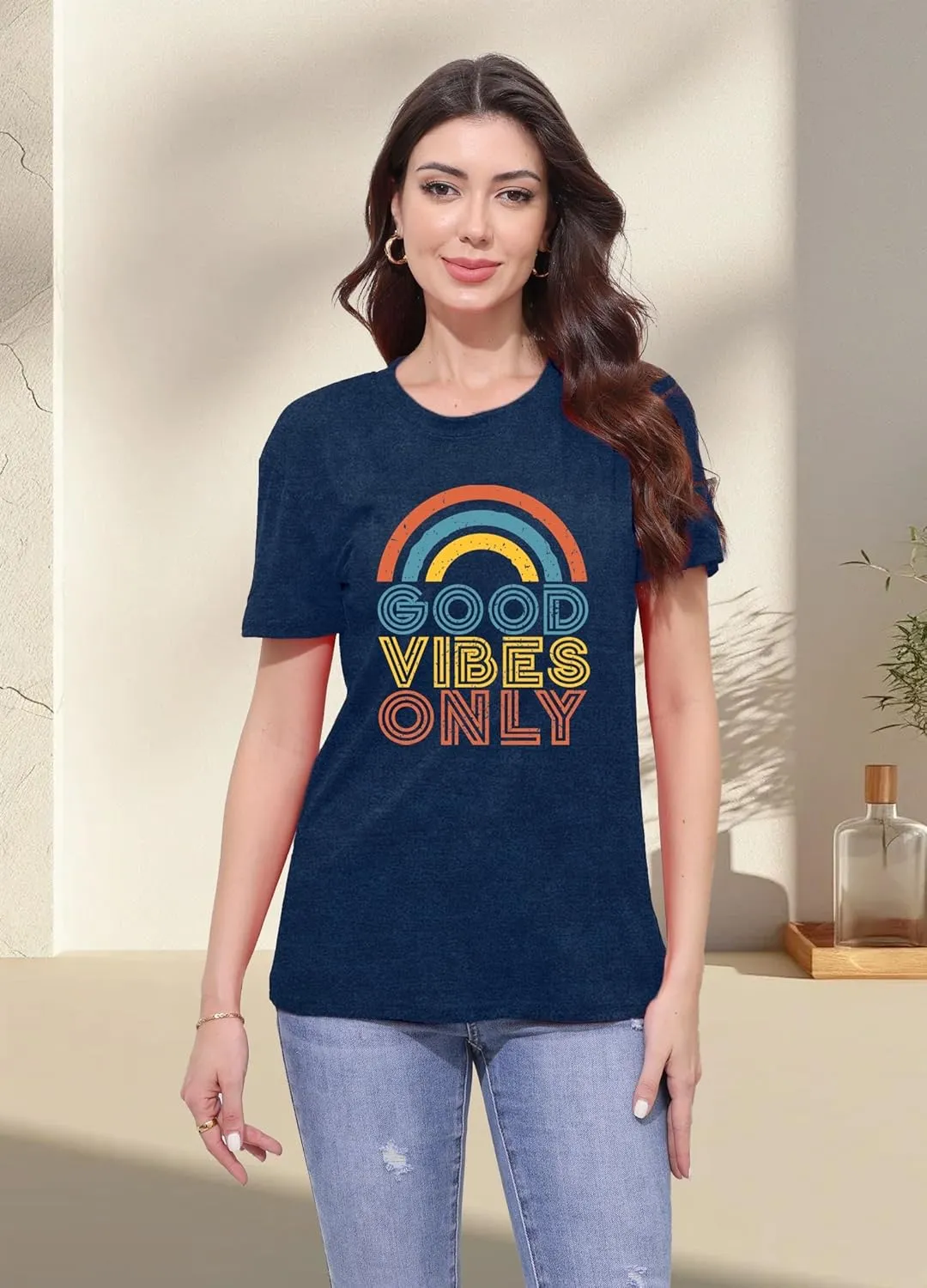 Positive Vibe Quote Shirts Women Vintage Rainbow Good Vibe Only T-Shirt Casual Inspirational Tee Tops