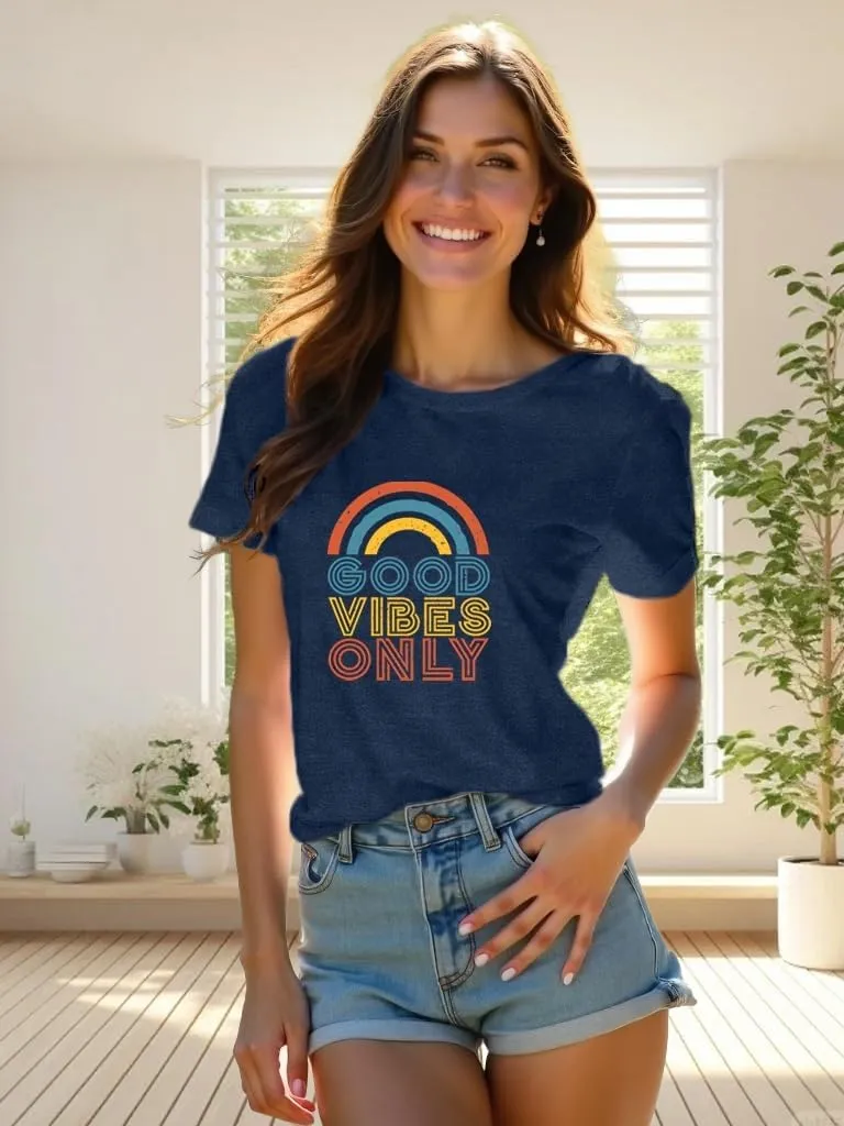 Positive Vibe Quote Shirts Women Vintage Rainbow Good Vibe Only T-Shirt Casual Inspirational Tee Tops