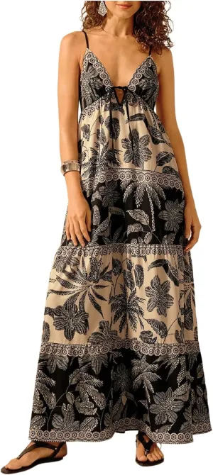 SHENHE Women's Summer Tropical Maxi Sundress Tiered Ruffle Hem Spaghetti Strap Boho Dresses