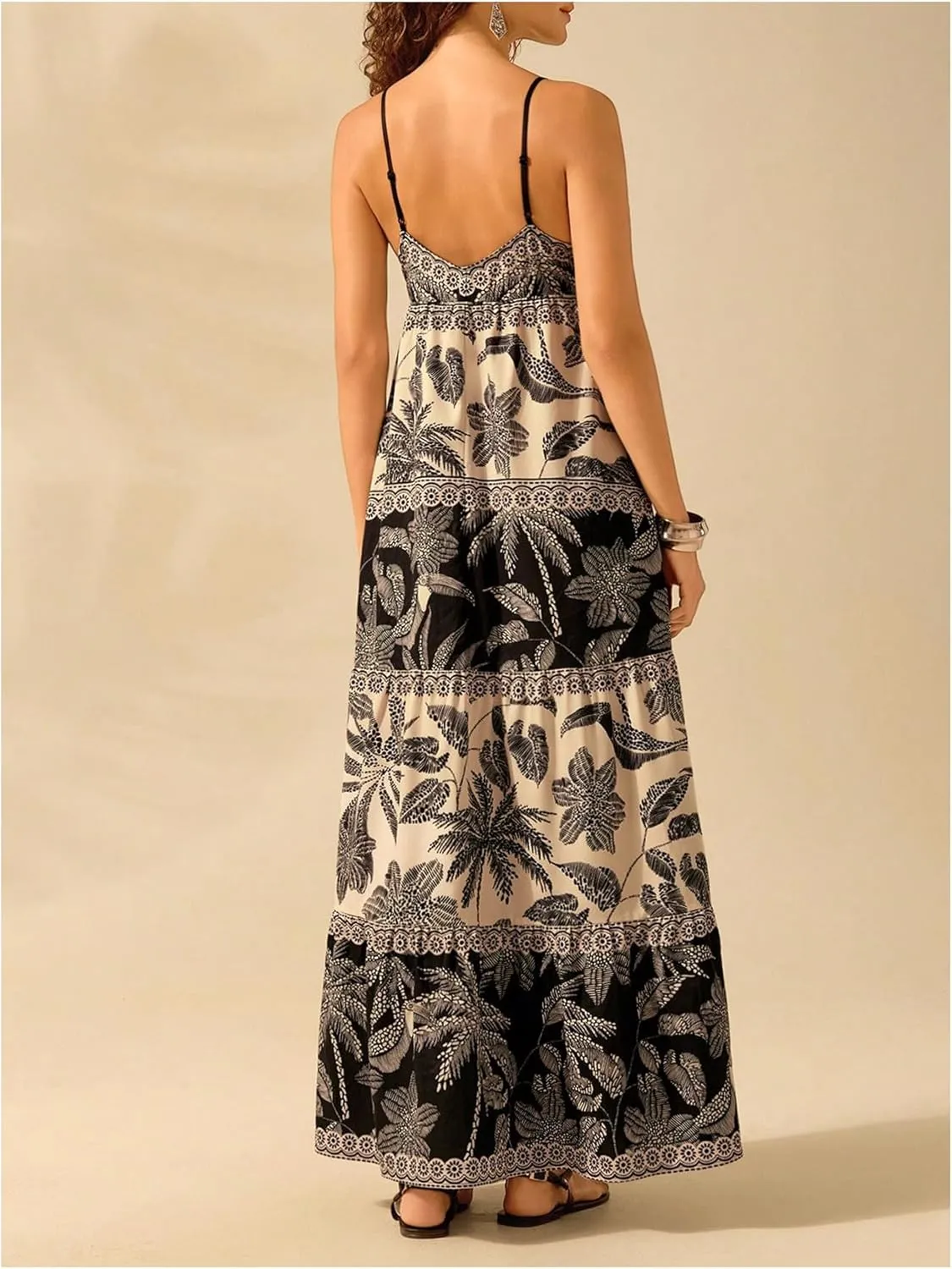 SHENHE Women's Summer Tropical Maxi Sundress Tiered Ruffle Hem Spaghetti Strap Boho Dresses