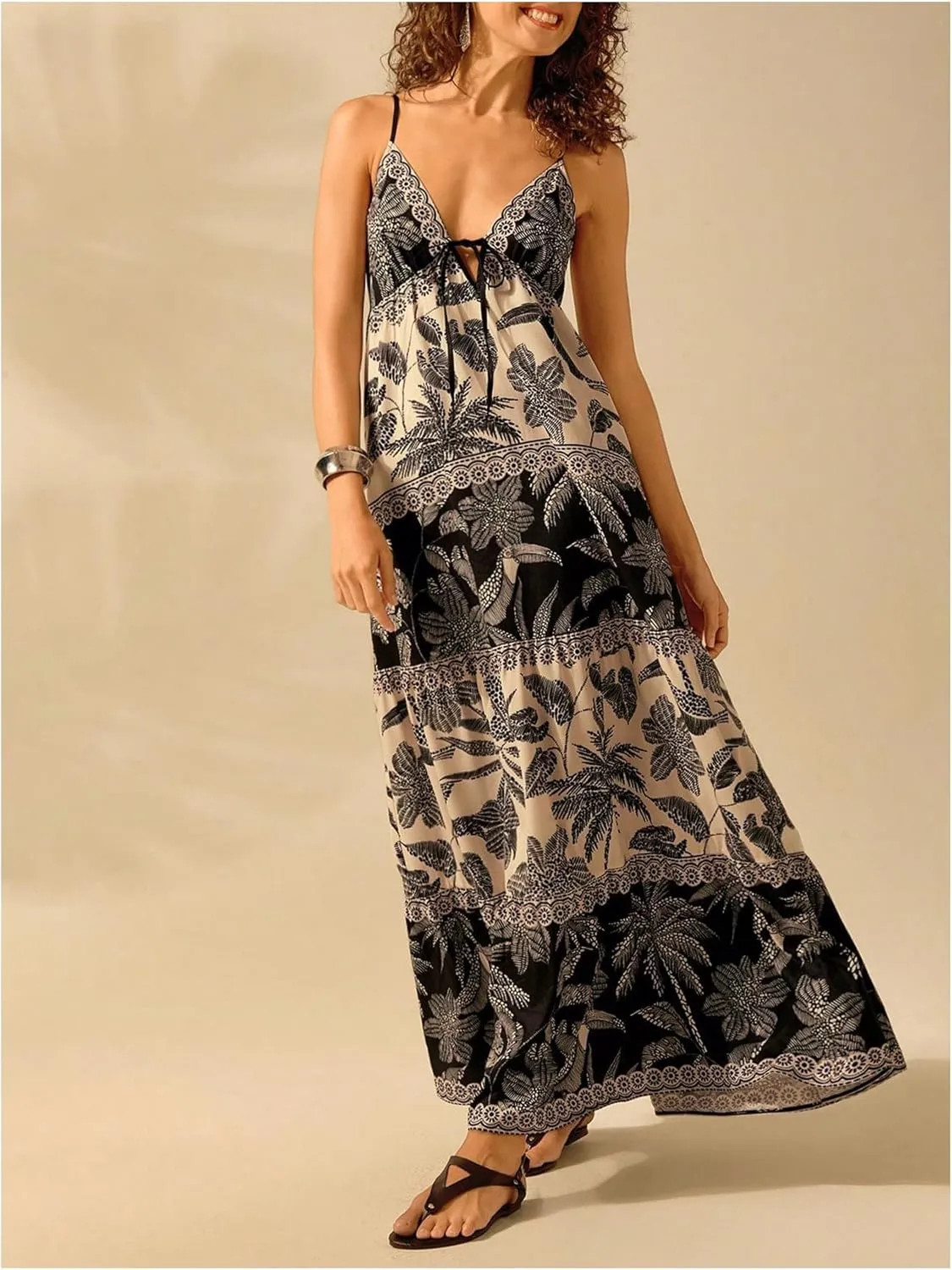 SHENHE Women's Summer Tropical Maxi Sundress Tiered Ruffle Hem Spaghetti Strap Boho Dresses