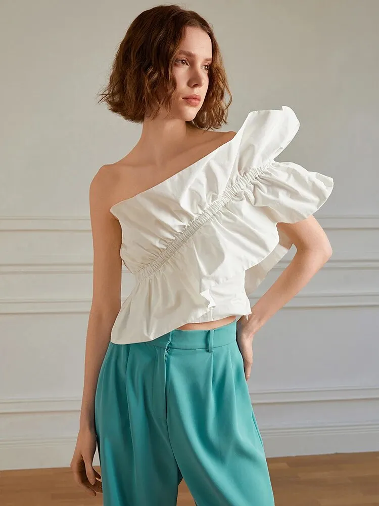 Solid Tank Tops For Women Diagonal Collar Sleeveless Ruffles Short Length Summer Vest Female Fashion Clothing