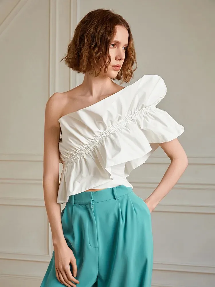 Solid Tank Tops For Women Diagonal Collar Sleeveless Ruffles Short Length Summer Vest Female Fashion Clothing