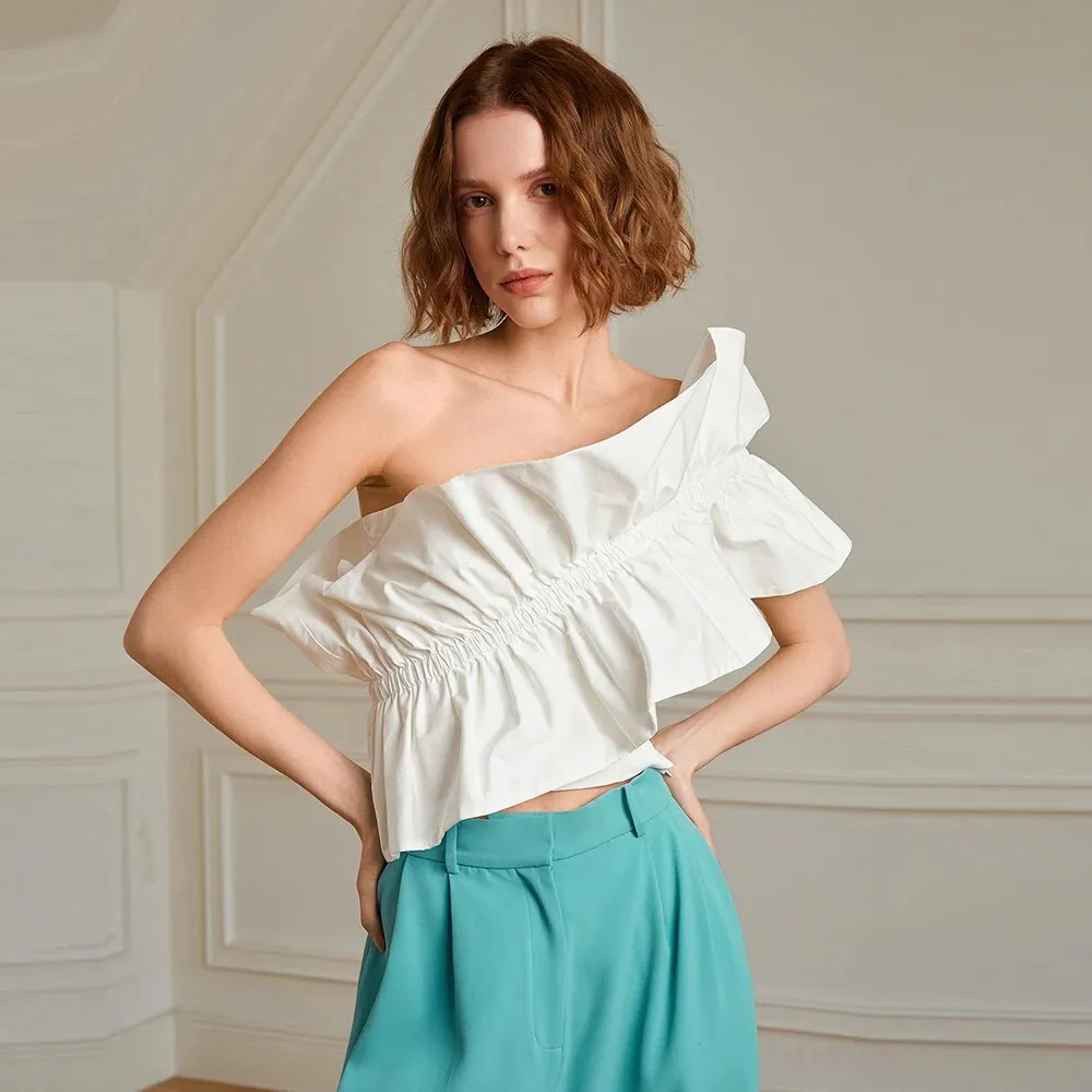 Solid Tank Tops For Women Diagonal Collar Sleeveless Ruffles Short Length Summer Vest Female Fashion Clothing