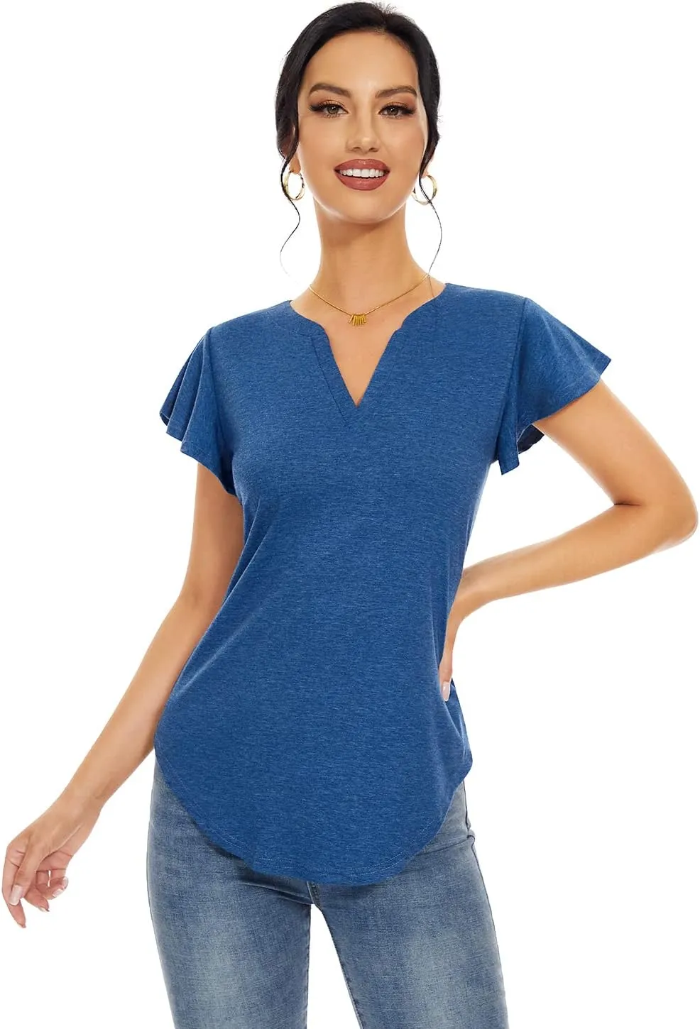 Star Vibe 3 Pack Women's V-Neck T-Shirts Short Sleeve Summer Tops Casual Ruffle Sleeve Tee Shirt Slim Fit Blouses