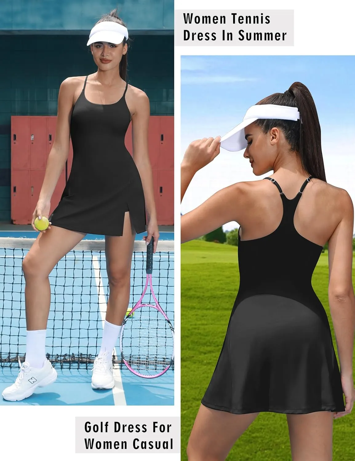TQD Tennis Athletic Dress for Women U Neck Golf Dress with Built in Shorts and Bra Racerback Side Slit Workout Active Dresses