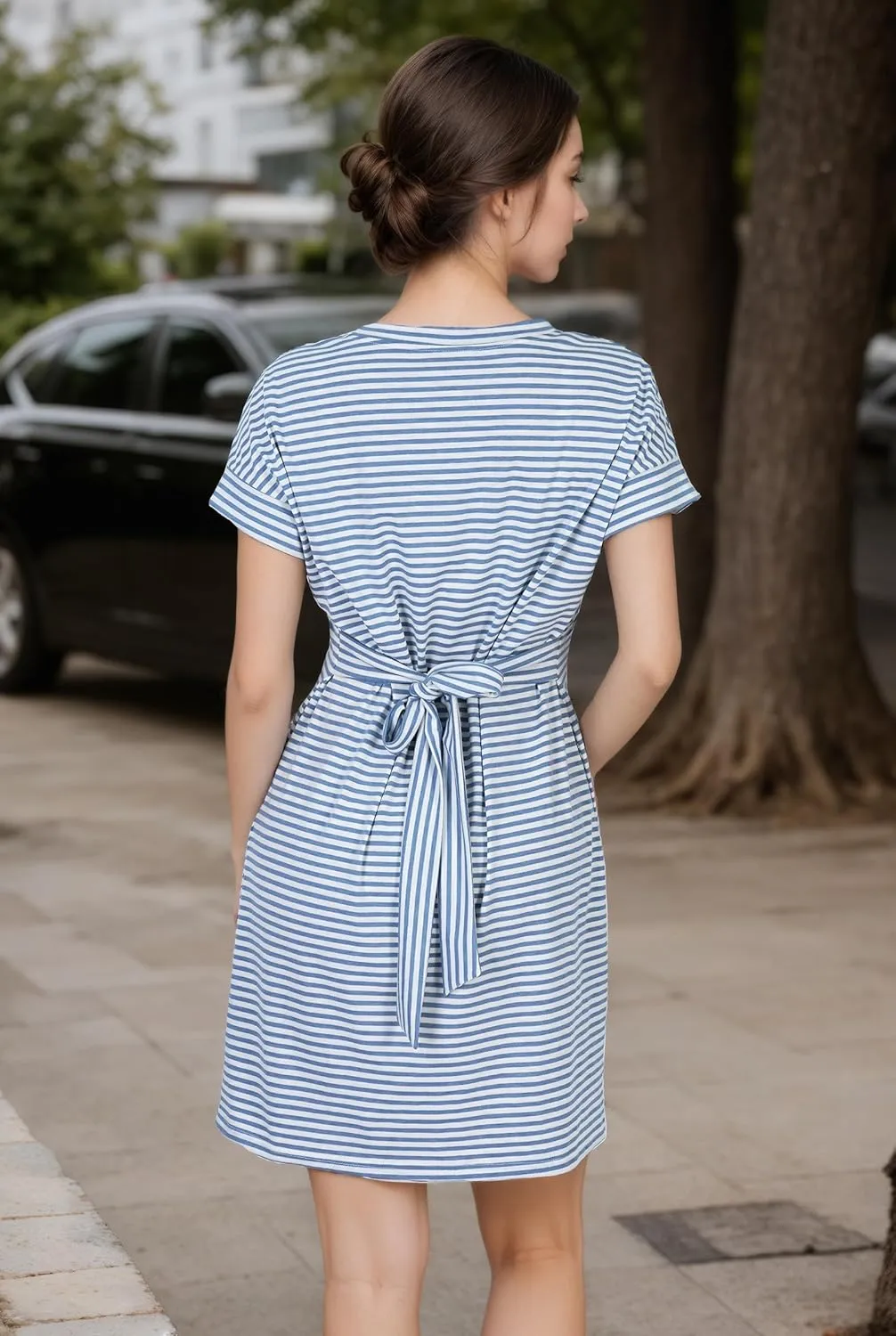 Tshirt Dress with Pockets, Casual Summer Striped Short Sleeve Tie Waist Dress Women, Comfortable and Stylish for Daily Wear
