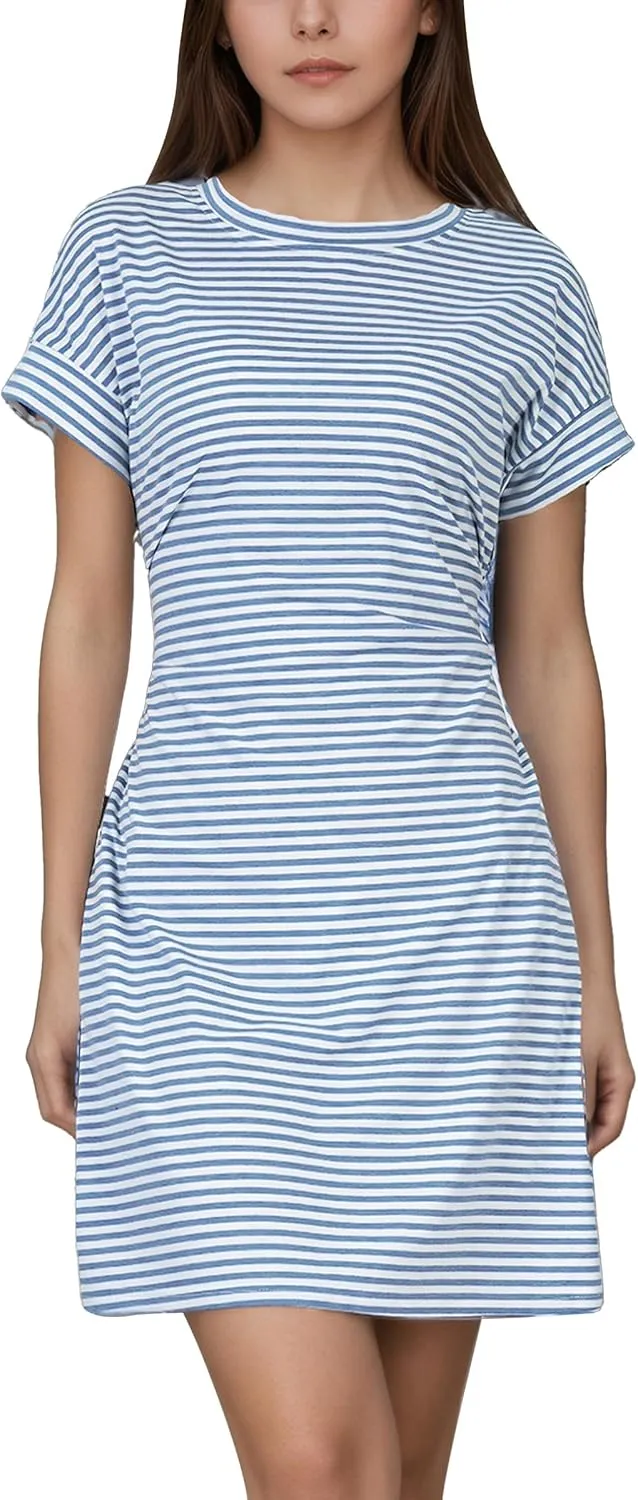 Tshirt Dress with Pockets, Casual Summer Striped Short Sleeve Tie Waist Dress Women, Comfortable and Stylish for Daily Wear