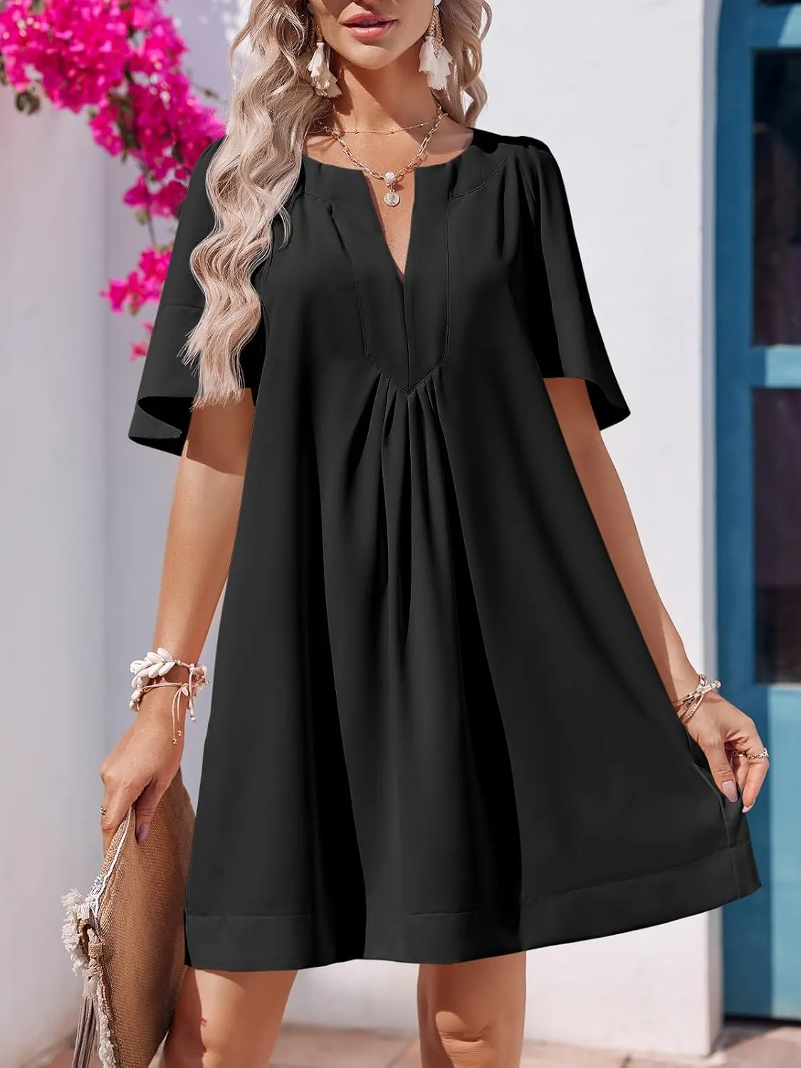 Wenrine Womens Flutter Short Sleeve Mini Dress Casual V Neck Loose Flowy Summer Dresses