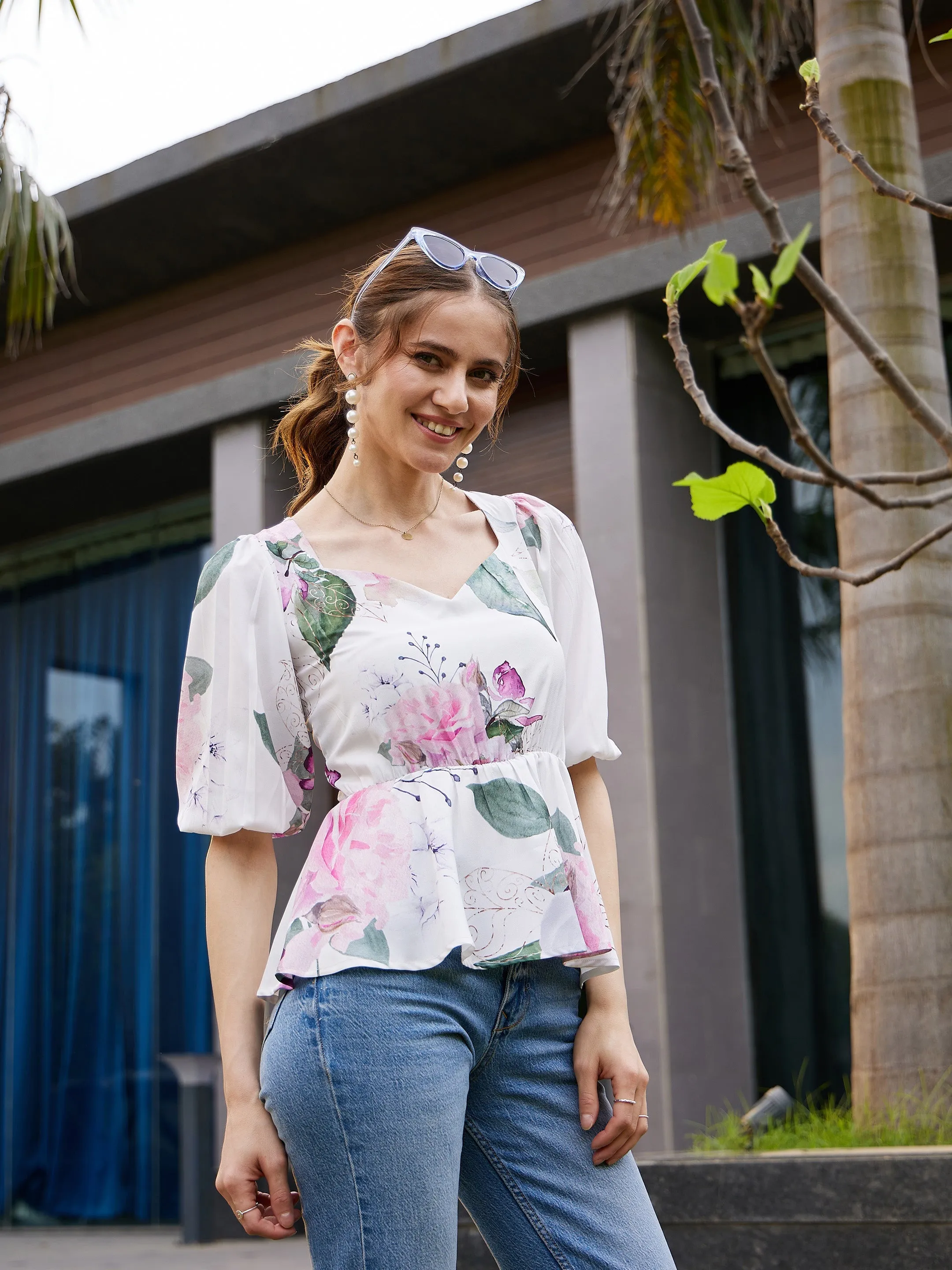 Women White Floral Back Criss Cross Peplum Top