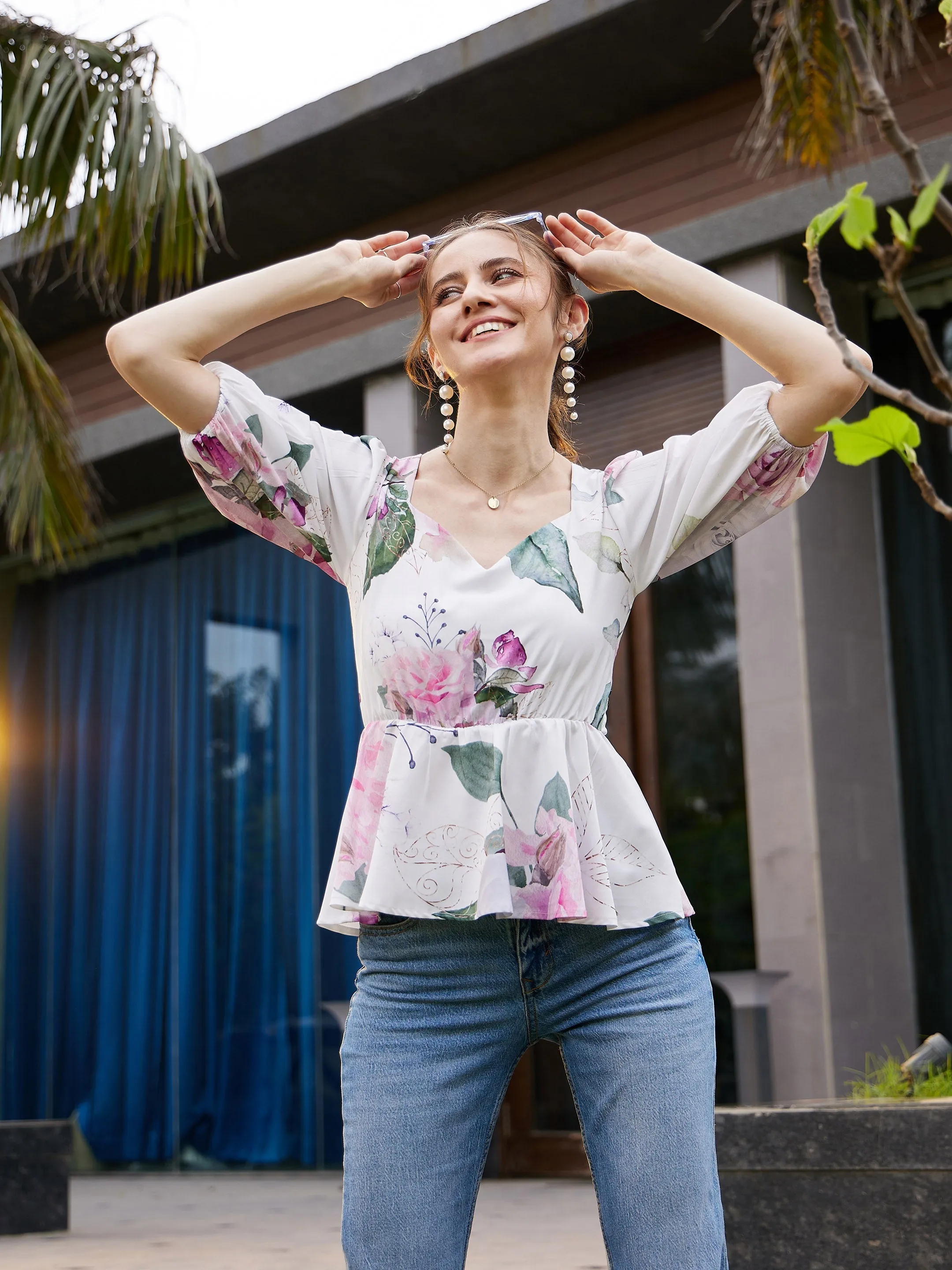 Women White Floral Back Criss Cross Peplum Top