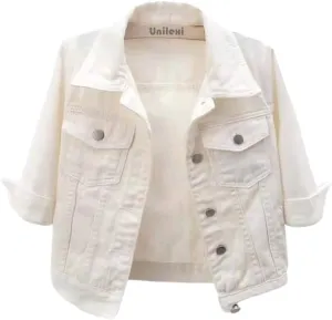 Womens Cropped Denim Jacket  3/4 Sleeve Button Down Jean Jacket with Lapel, Casual Lightweight Trucker Style Coat