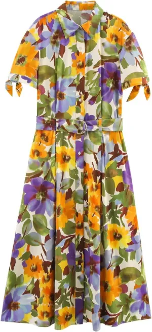 Women's Stylish Floral Printed Poplin Tie-Sleeve Midi Dress with Belt, Lapel Collar Button Down Shirt Dress