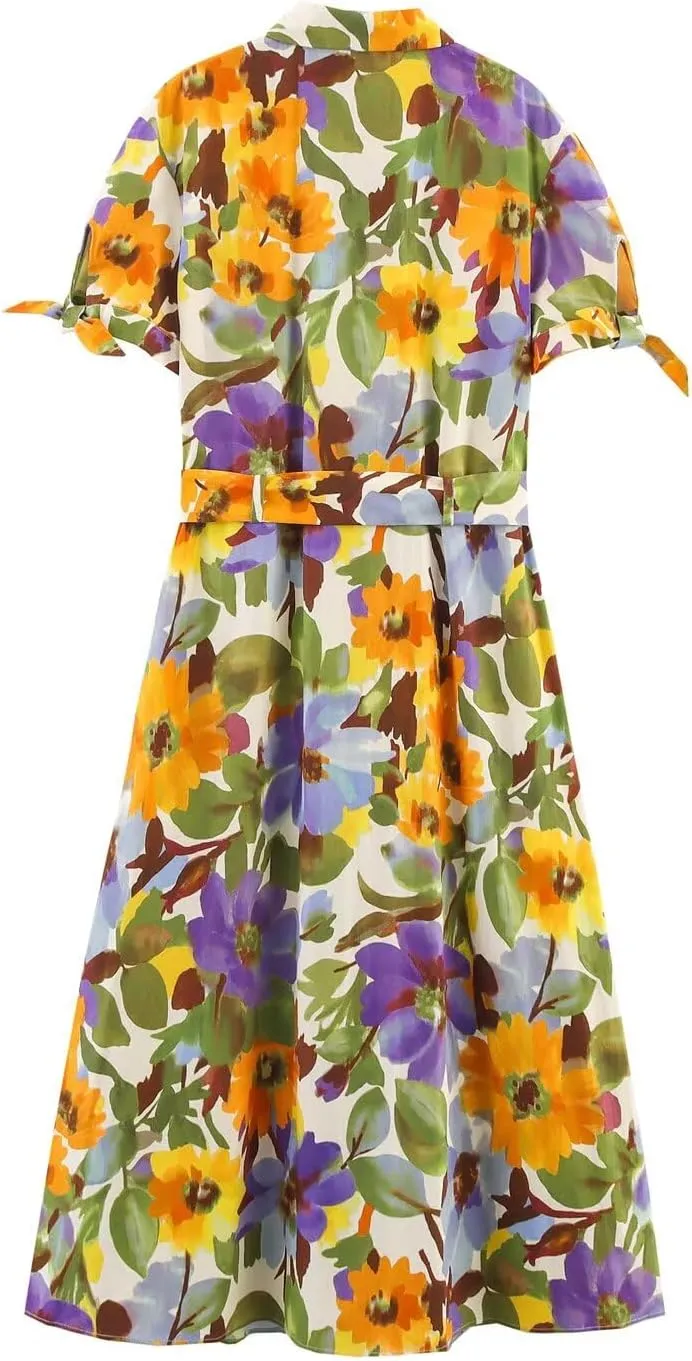 Women's Stylish Floral Printed Poplin Tie-Sleeve Midi Dress with Belt, Lapel Collar Button Down Shirt Dress
