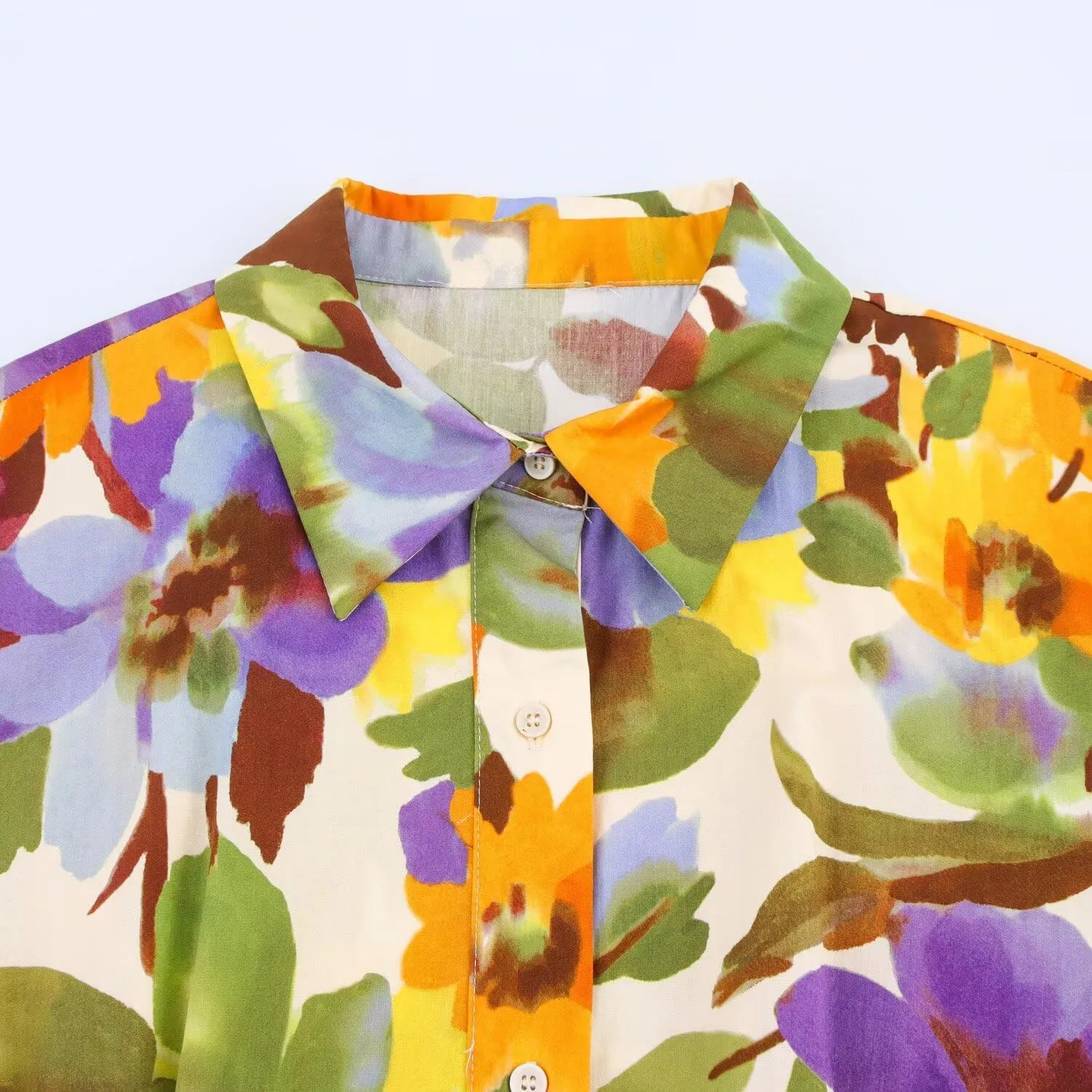 Women's Stylish Floral Printed Poplin Tie-Sleeve Midi Dress with Belt, Lapel Collar Button Down Shirt Dress